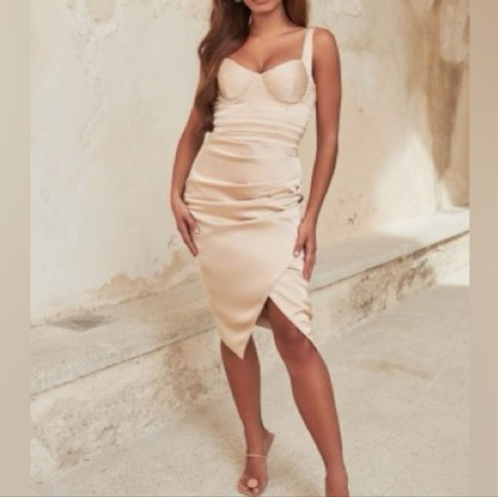 Lavish Alice Beige Asymmetrical Ruched Midi Dress